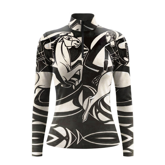White background studio shot of full all-over black cream cubist art deco equestrian rider horse print long sleeve quarter zip riding top