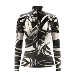 White background studio shot of full all-over black cream cubist art deco equestrian rider horse print long sleeve quarter zip riding top