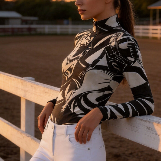 Side profile model leaning on white wooden arena fence wearing black white cubist rider horse long sleeve riding top during golden hour dirt arena sunset