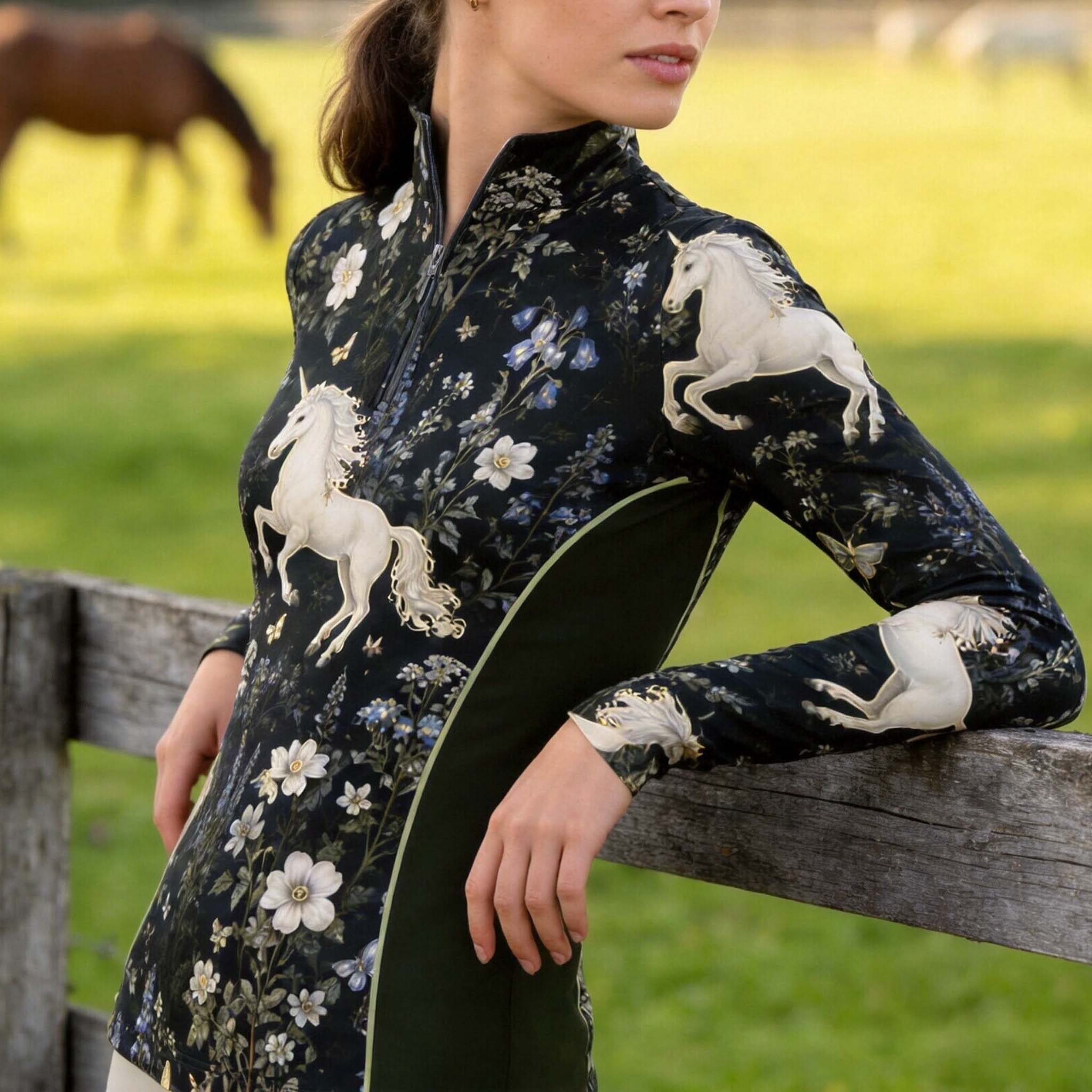 Outdoor grass pasture wooden rail fence shot of female rider leaning on fence wearing dark wildflower white unicorn all-over print long sleeve quarter-zip riding top with olive side panels