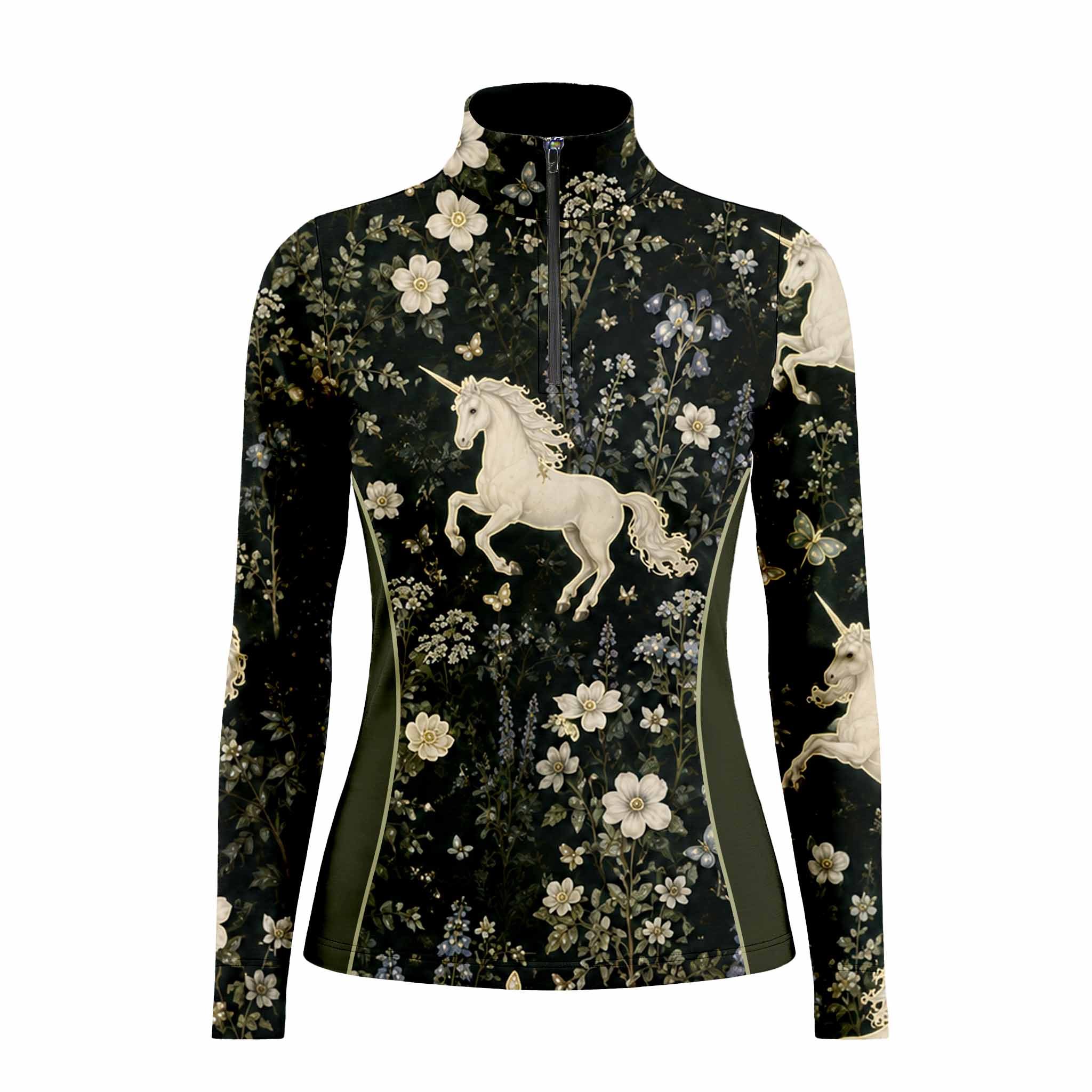 Clean neutral background studio product mockup shot of full dark base wildflower white unicorn all-over print long sleeve quarter-zip riding top with olive side panels