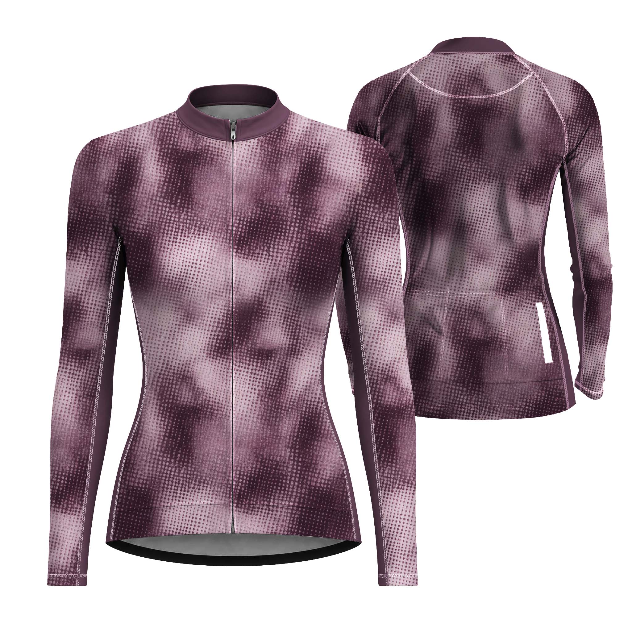 Dual front and back flat layout of ladies long sleeve cycling jersey with dark purple gradient halftone dot print, matching plum collar isolated white background
