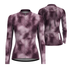 Dual front and back flat layout of ladies long sleeve cycling jersey with dark purple gradient halftone dot print, matching plum collar isolated white background
