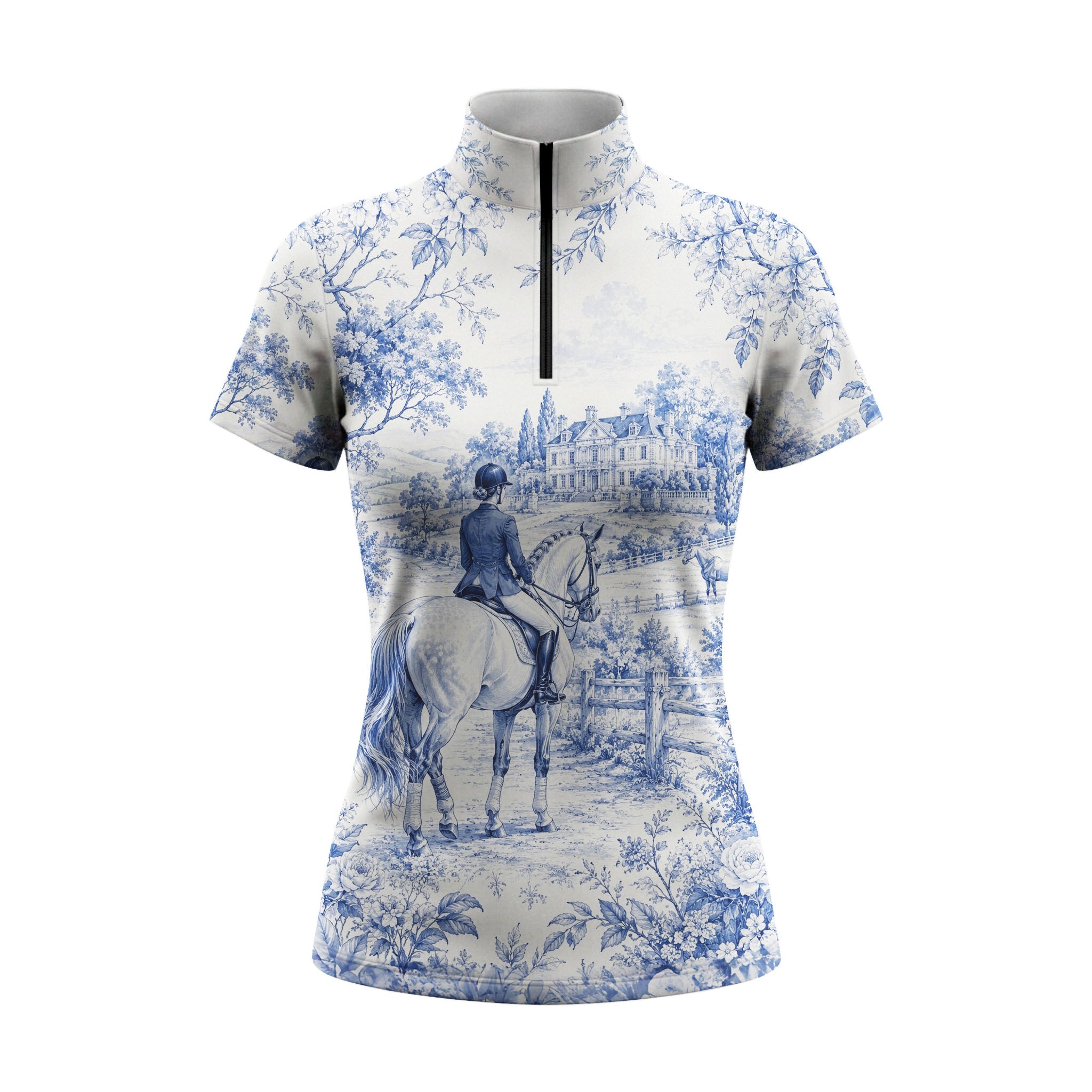 White background studio shot of off-white base Delft blue equestrian manor toile short sleeve quarter zip riding top