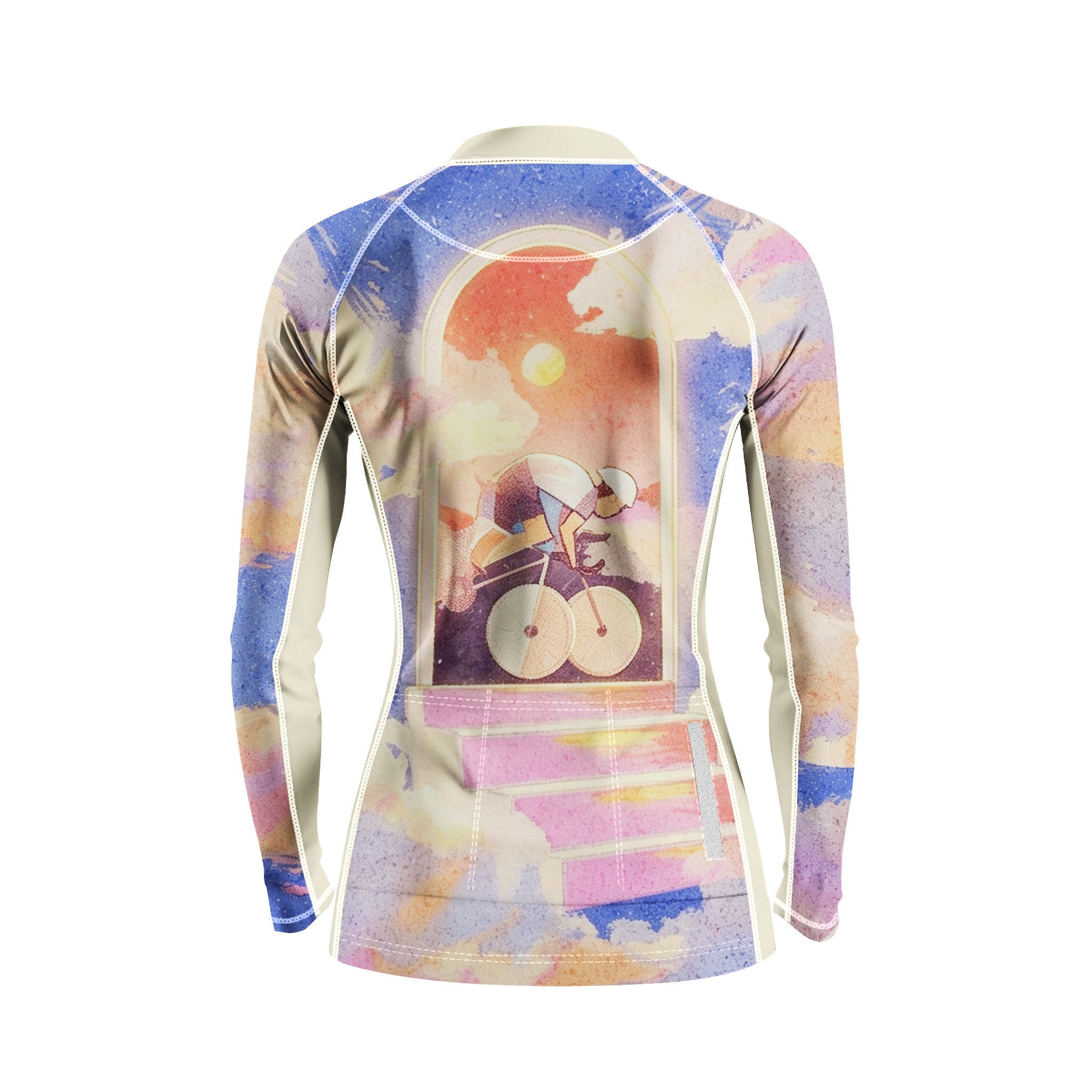 Back flat lay of women full zip cycling jersey full window sunset cyclist watercolor print, rear storage pocket and reflective strip detail white background
