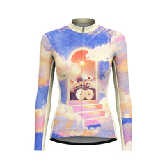 Front view flat shot of women full zip long sleeve cycling jersey with pastel watercolor sunset window track cyclist print, cream collar white background
