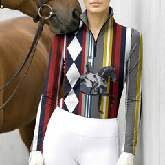 Dressage Horse Argyle & Stripe Print Long-Sleeve Quarter-Zip Riding Top