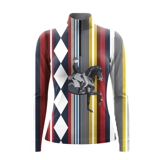 Studio flat view of the Dressage Horse Argyle & Stripe Print Long-Sleeve Quarter-Zip Riding Top, showcasing the full print details
