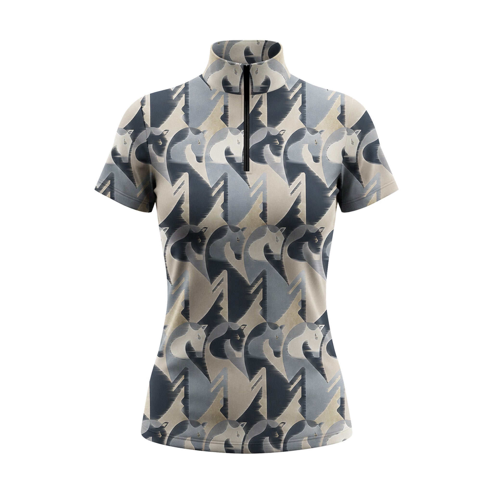 Clean white background studio flat lay product shot of full blush pink taupe neutral abstract interlocking geometric horse head all-over print short sleeve quarter-zip riding top