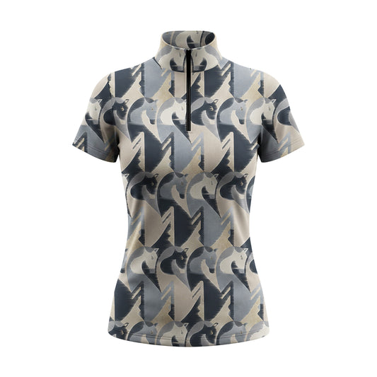 Clean white background studio flat lay product shot of full blush pink taupe neutral abstract interlocking geometric horse head all-over print short sleeve quarter-zip riding top