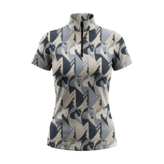Clean white background studio flat lay product shot of full blush pink taupe neutral abstract interlocking geometric horse head all-over print short sleeve quarter-zip riding top