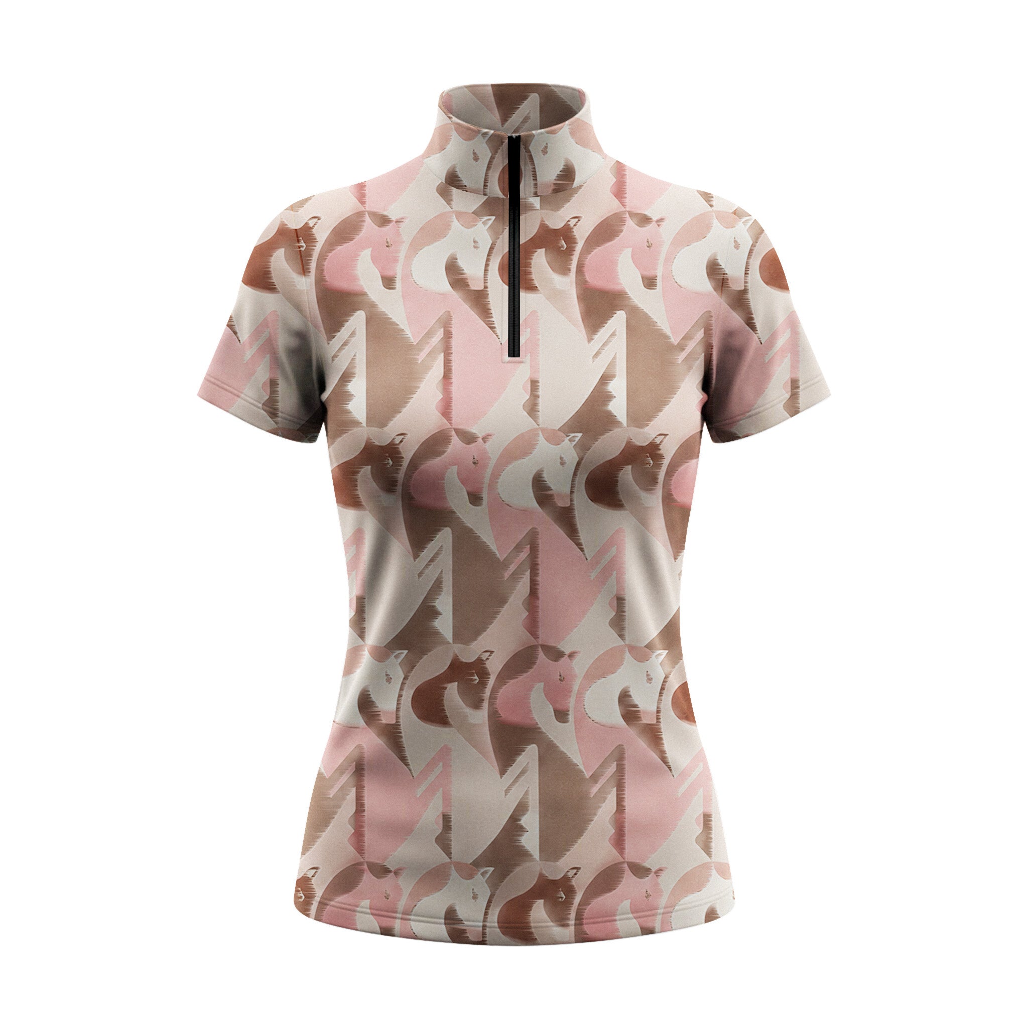 Clean white background studio flat lay product shot of full charcoal grey sand beige neutral abstract interlocking geometric horse head all-over print short sleeve quarter-zip riding top