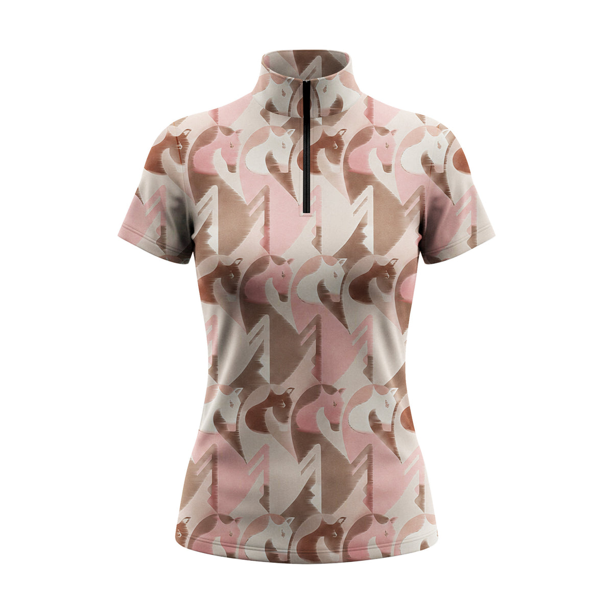 Clean white background studio flat lay product shot of full charcoal grey sand beige neutral abstract interlocking geometric horse head all-over print short sleeve quarter-zip riding top