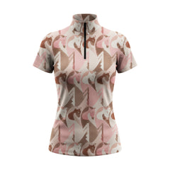 Clean white background studio flat lay product shot of full charcoal grey sand beige neutral abstract interlocking geometric horse head all-over print short sleeve quarter-zip riding top