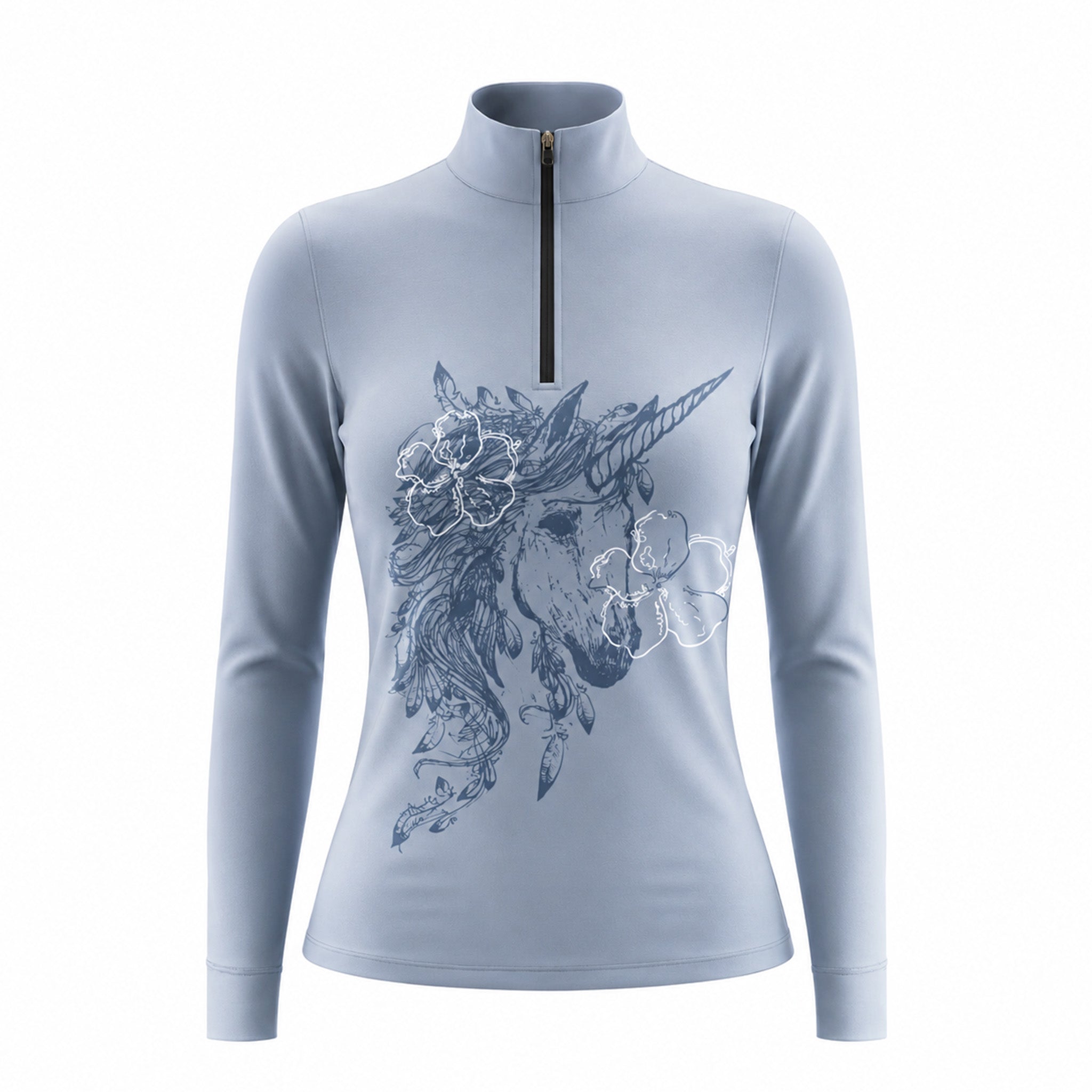 Close-up shot of model’s hand adjusting black half-zip stand collar of solid blue boho unicorn sketch long sleeve riding top in green grass pasture
