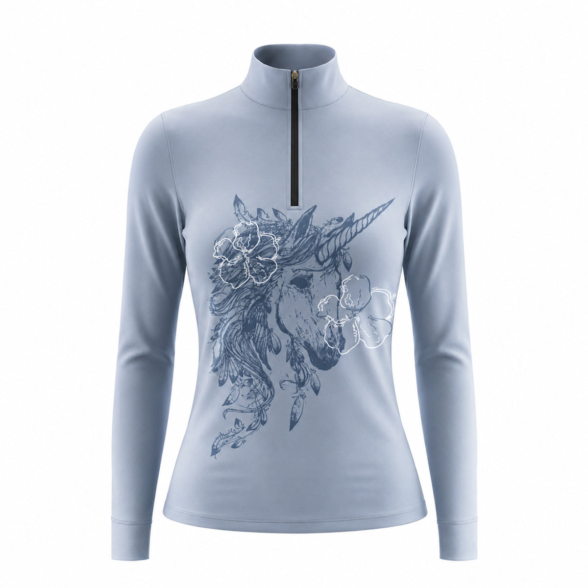 Close-up shot of model’s hand adjusting black half-zip stand collar of solid blue boho unicorn sketch long sleeve riding top in green grass pasture
