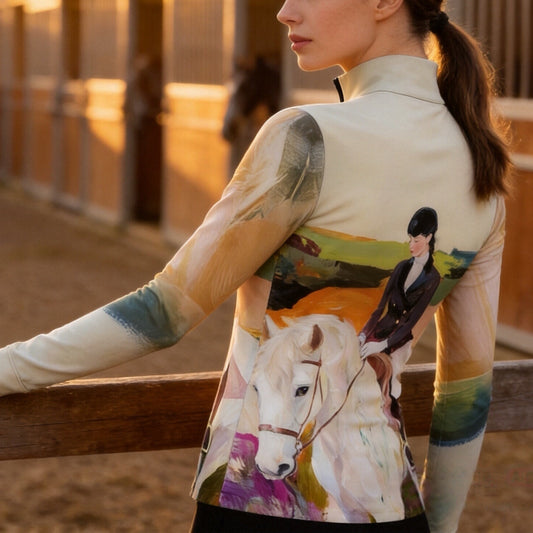Model wearing the Equestrian Portrait Oil Painting Print Long-Sleeve Riding Top leaning on a fence at sunset
