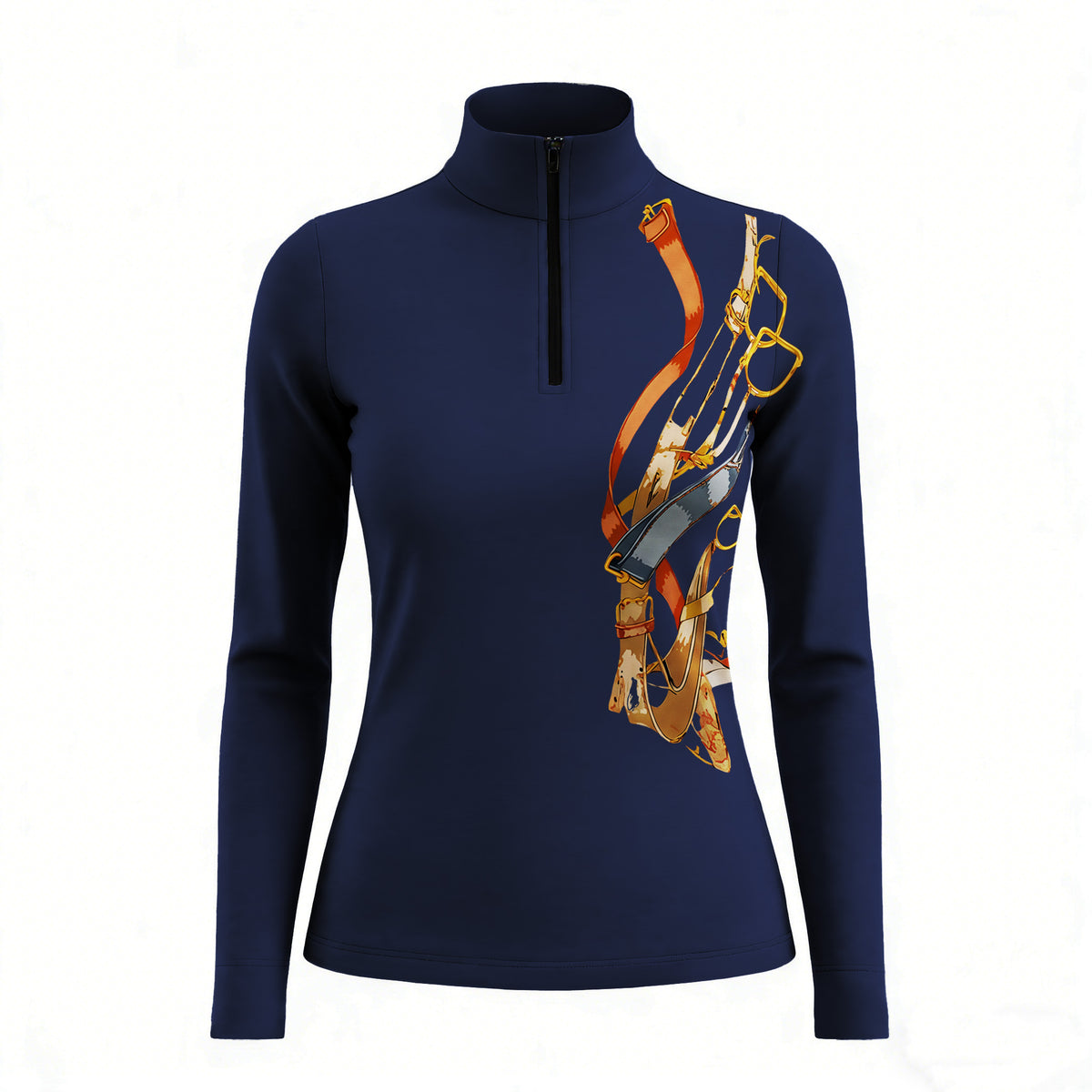 Studio flat view of the Equestrian Tack Print Long-Sleeve Quarter-Zip Riding Top, showcasing the full print details
