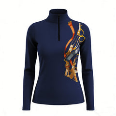 Studio flat view of the Equestrian Tack Print Long-Sleeve Quarter-Zip Riding Top, showcasing the full print details
