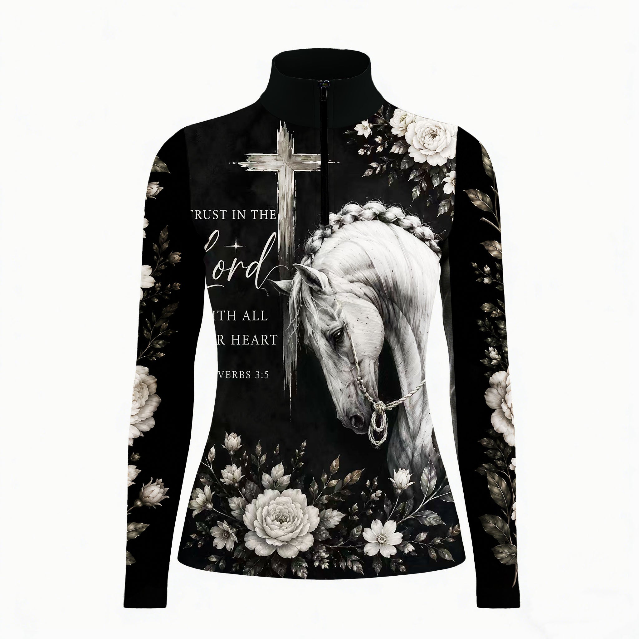 White background studio shot of solid black monochrome faith print braided white horse cross bible verse peony floral allover print long sleeve quarter zip riding top
