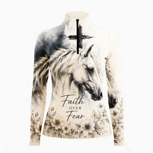 White background studio shot of aged cream smoky ink cross Faith Over Fear white horse neutral floral allover print long sleeve quarter zip riding top
