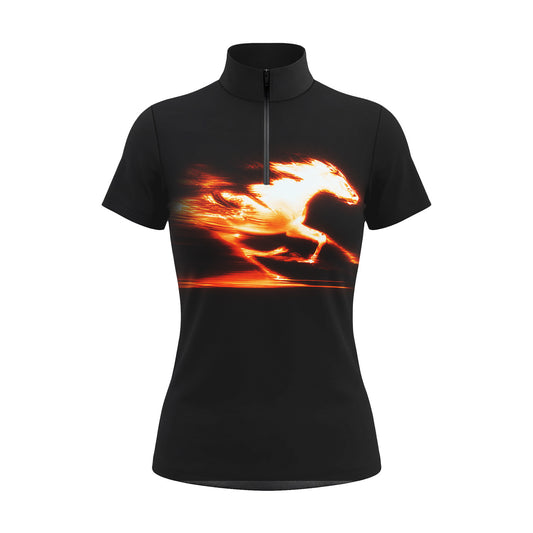 White background studio product shot of solid black short sleeve quarter-zip riding top with fiery motion blur galloping horse front graphic
