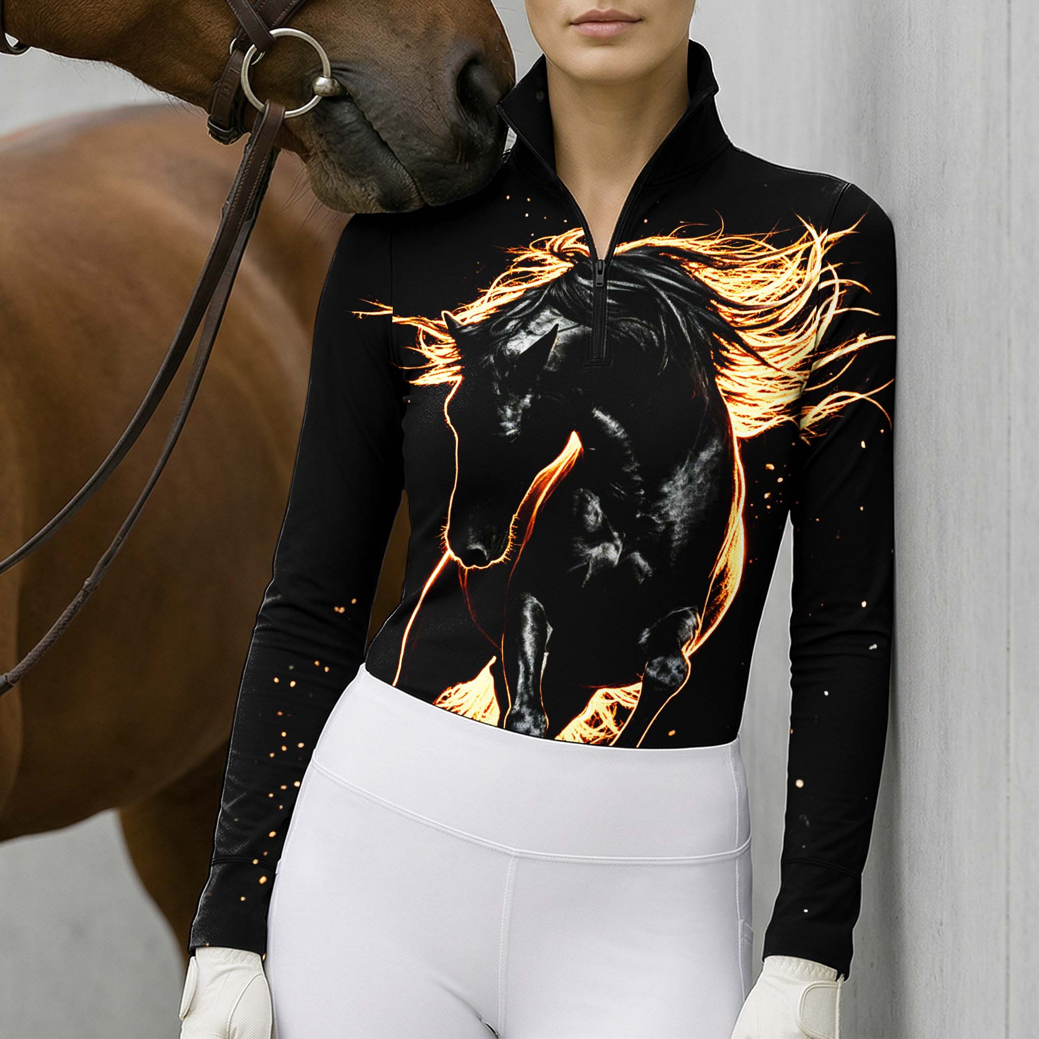 Model leaning against light grey stable wall beside chestnut horse wearing glowing golden outline black stallion riding top
