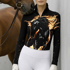 Model leaning against light grey stable wall beside chestnut horse wearing glowing golden outline black stallion riding top
