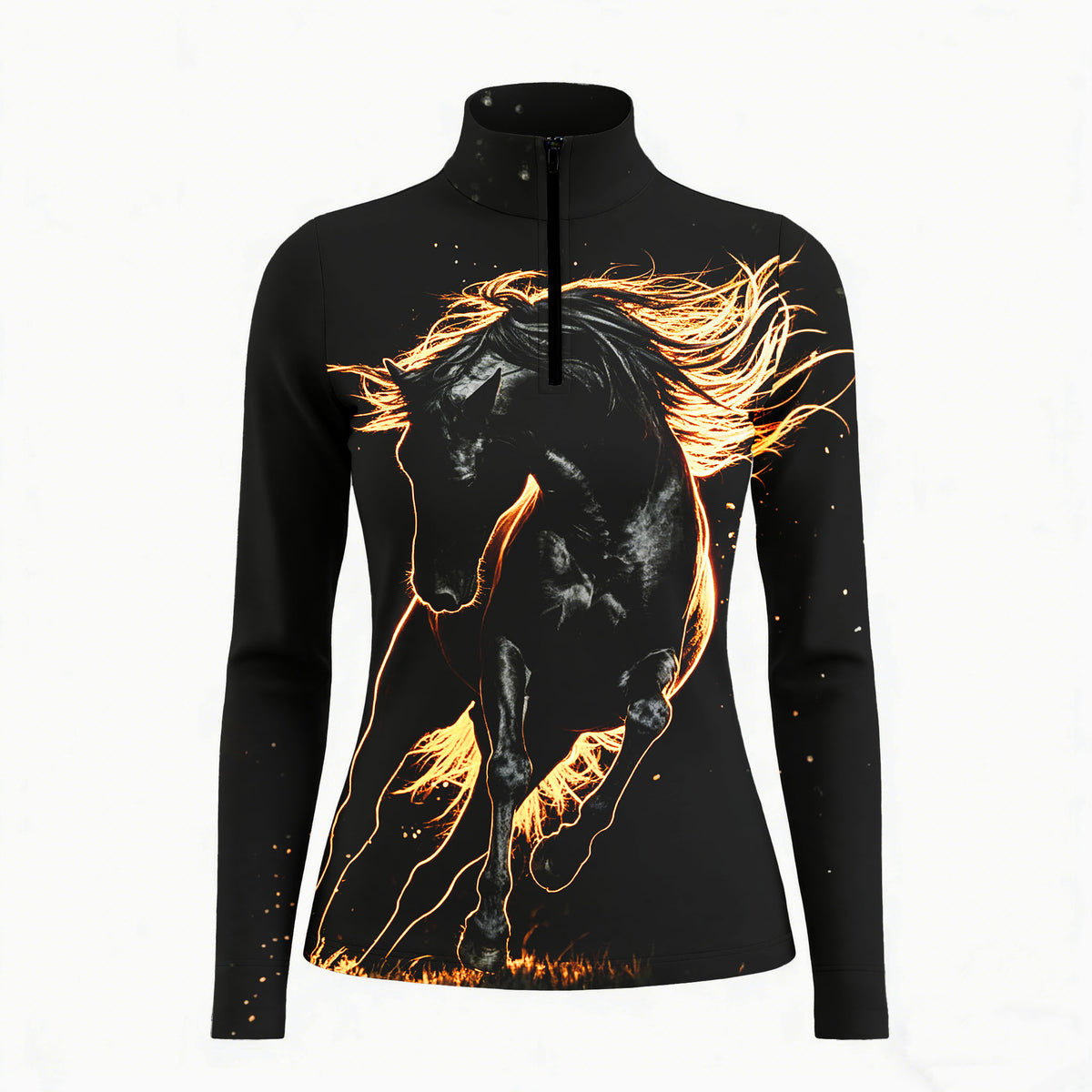White background studio shot of solid black glowing fiery gold outline galloping stallion sparkles allover print long sleeve quarter zip riding top
