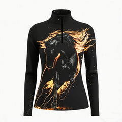 White background studio shot of solid black glowing fiery gold outline galloping stallion sparkles allover print long sleeve quarter zip riding top

