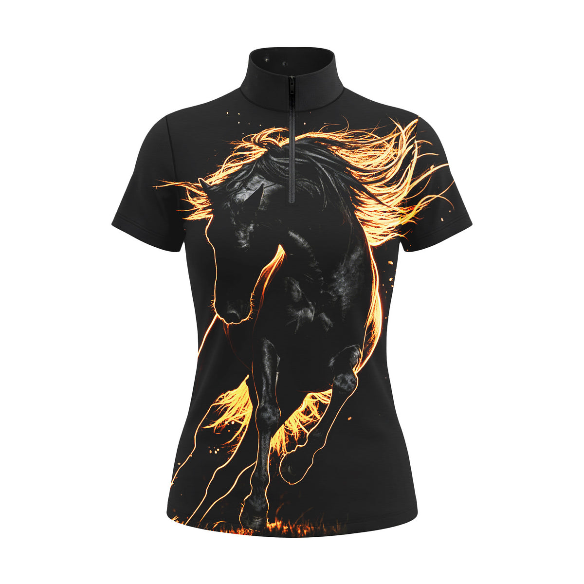 White background studio shot of black flaming horse print short sleeve quarter zip riding top