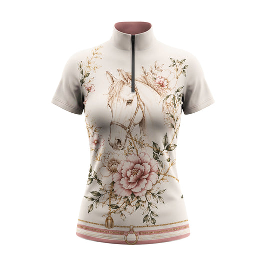 Studio flat view of the Floral Horse Portrait Print Short-Sleeve Quarter-Zip Riding Top, showcasing the full print and rose-pink collar lining

