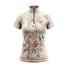 Studio flat view of the Floral Horse Portrait Print Short-Sleeve Quarter-Zip Riding Top, showcasing the full print and rose-pink collar lining
