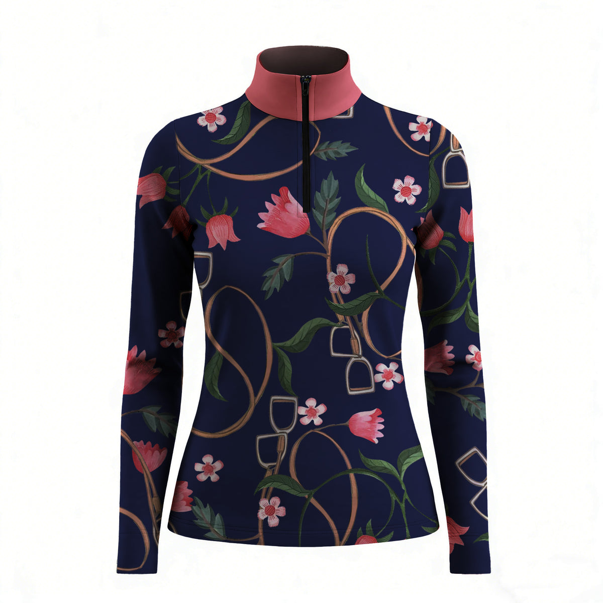 White background studio shot of navy floral & stirrup print long sleeve quarter zip riding top