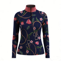 White background studio shot of navy floral & stirrup print long sleeve quarter zip riding top