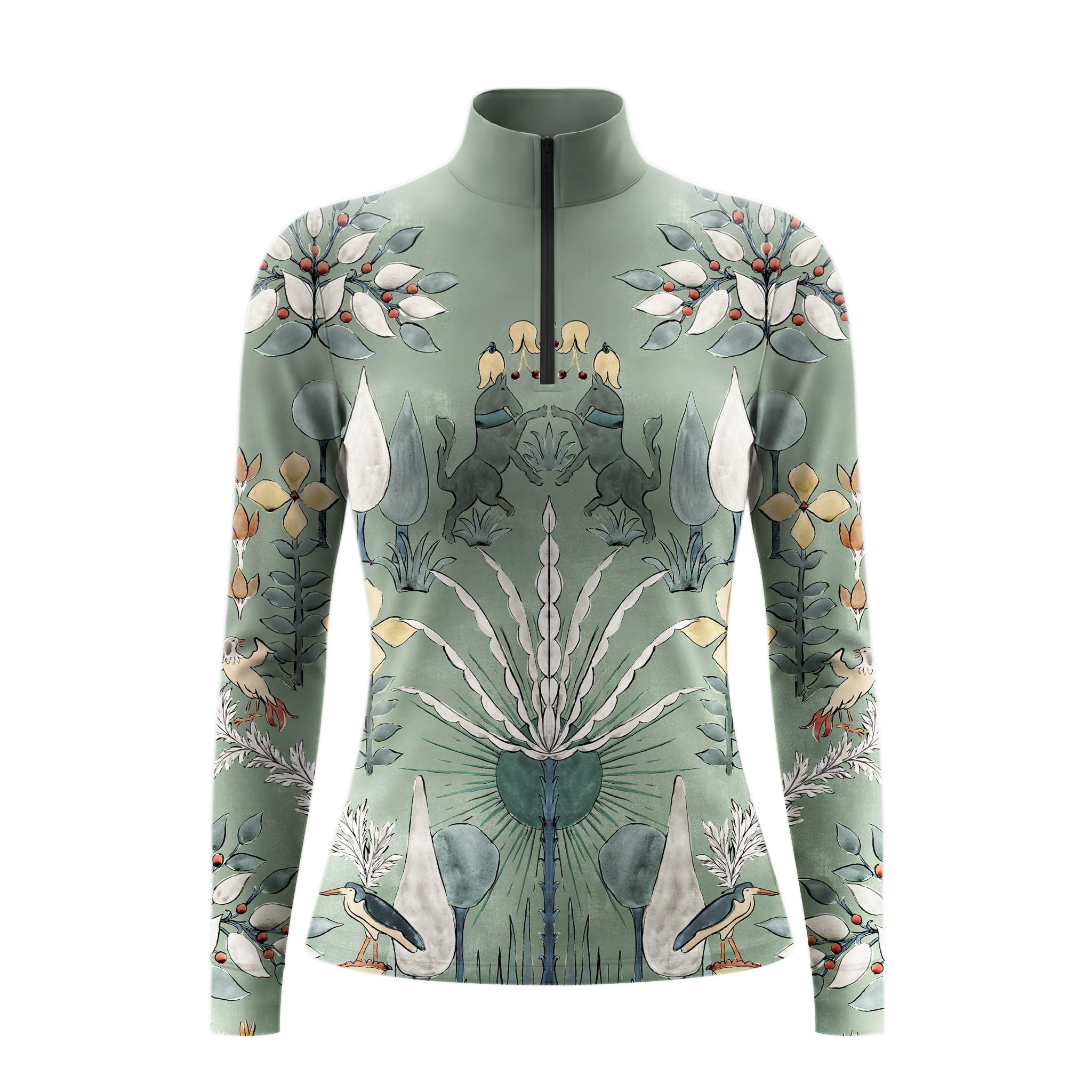 Studio flat view of the green version of the Folk Art Horse & Botanical Print Long-Sleeve Quarter-Zip Riding Top, showcasing the full print details
