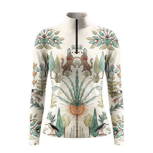 Studio flat view of the cream version of the Folk Art Horse & Botanical Print Long-Sleeve Quarter-Zip Riding Top, showcasing the full print details
