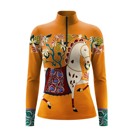 White background studio flat lay product shot of full vibrant orange folk art spotted cream white horse floral golden berry green scroll cuff front graphic print long sleeve quarter-zip riding top