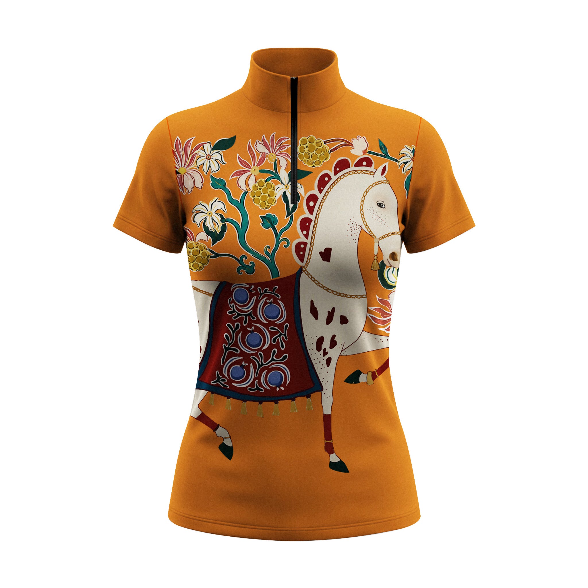 White background studio flat lay product shot of full mustard yellow folk art spotted cream white horse floral golden berry front graphic print short sleeve quarter-zip riding top