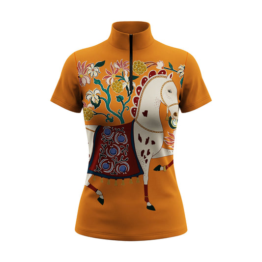 White background studio flat lay product shot of full mustard yellow folk art spotted cream white horse floral golden berry front graphic print short sleeve quarter-zip riding top