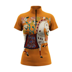 White background studio flat lay product shot of full mustard yellow folk art spotted cream white horse floral golden berry front graphic print short sleeve quarter-zip riding top
