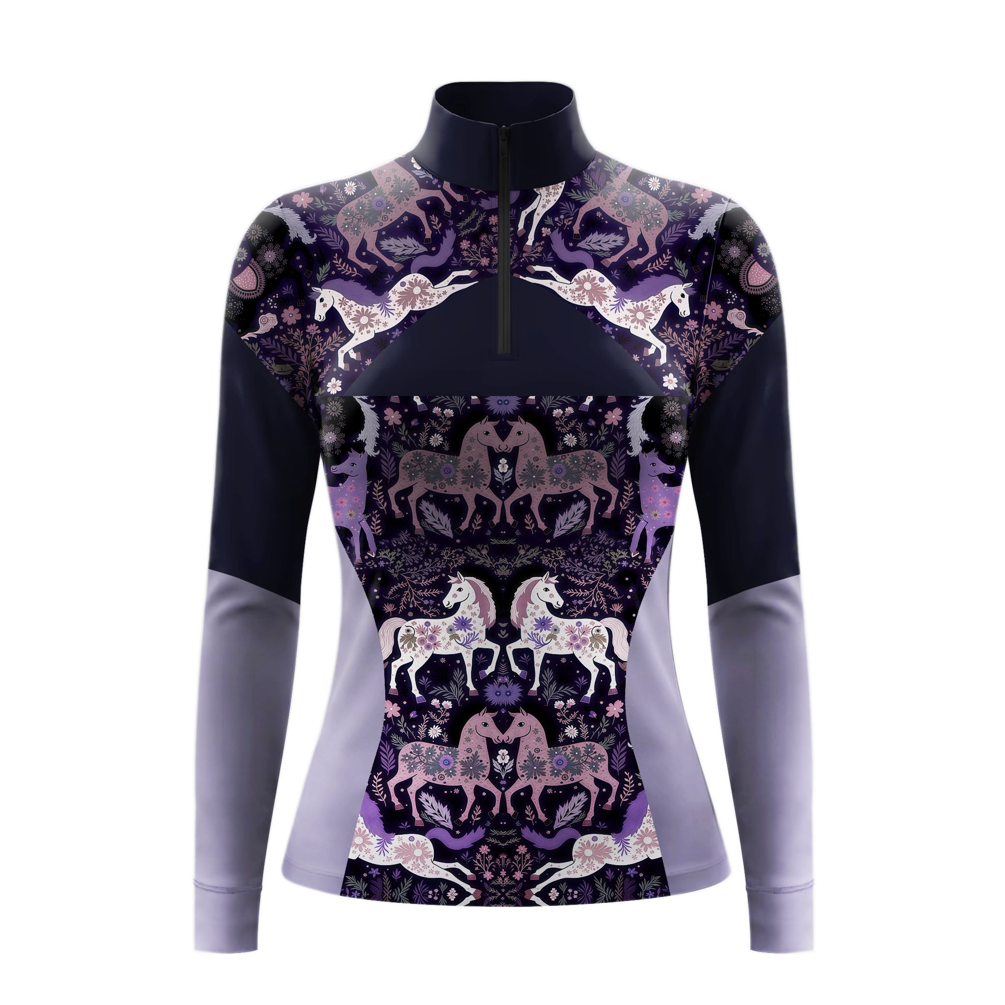 Close-up shot of model handling horse reins inside sunlit indoor riding arena showcasing navy lavender two-tone raglan sleeve detail

