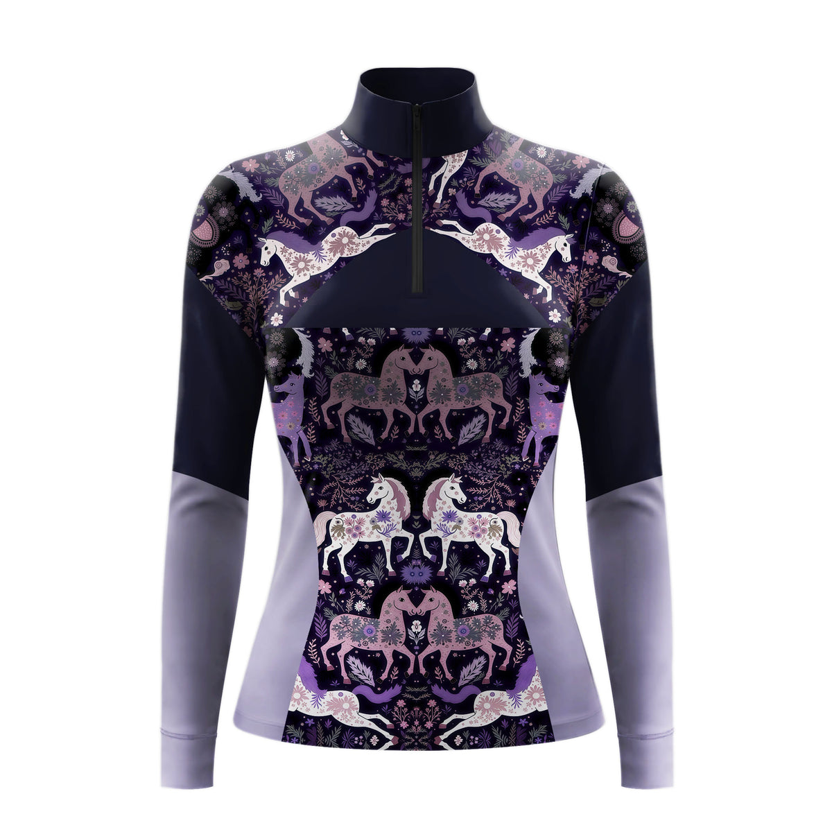 Close-up shot of model handling horse reins inside sunlit indoor riding arena showcasing navy lavender two-tone raglan sleeve detail
