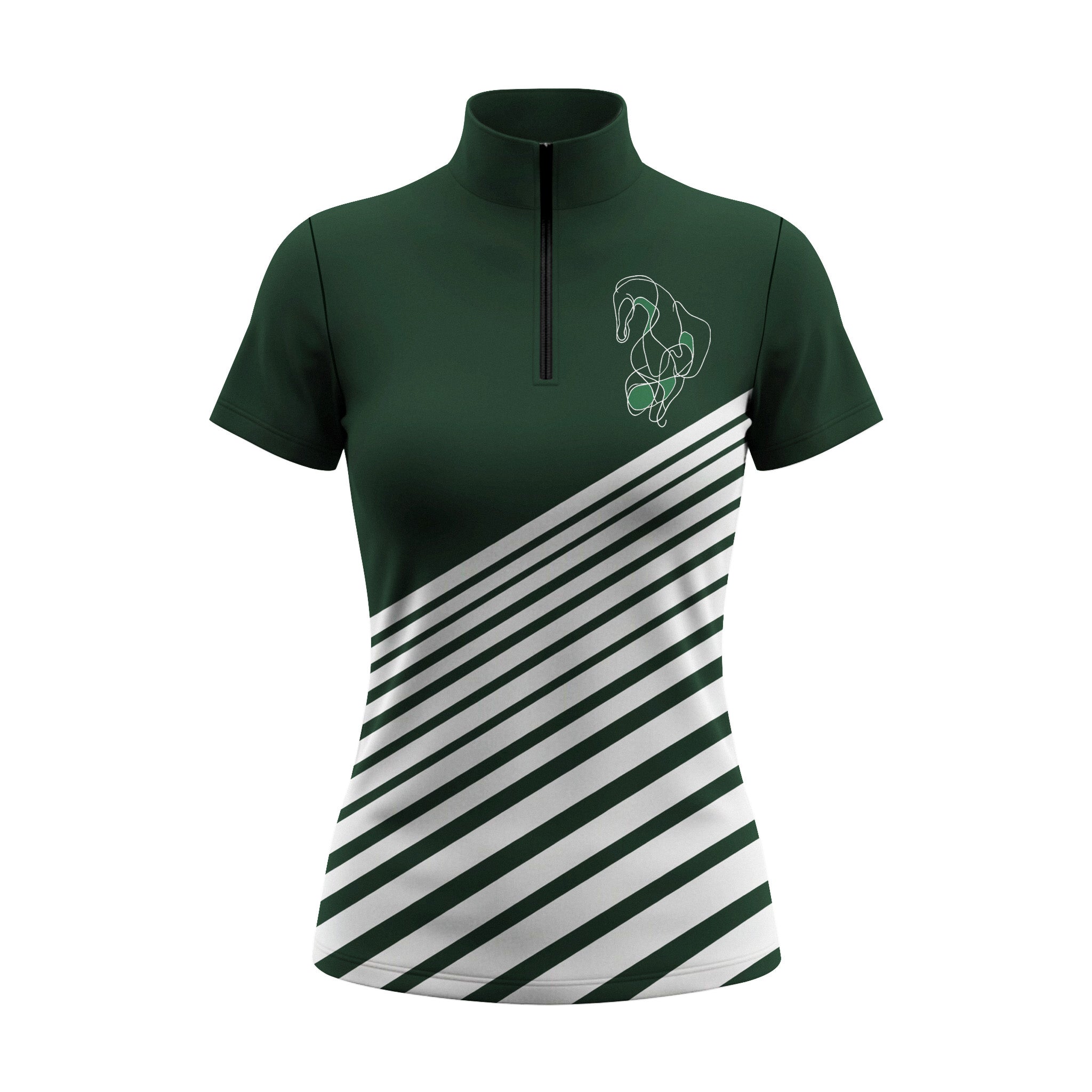 White background studio shot of deep forest green diagonal stripe hem small line art horse chest graphic short sleeve quarter zip riding top
