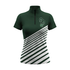 White background studio shot of deep forest green diagonal stripe hem small line art horse chest graphic short sleeve quarter zip riding top
