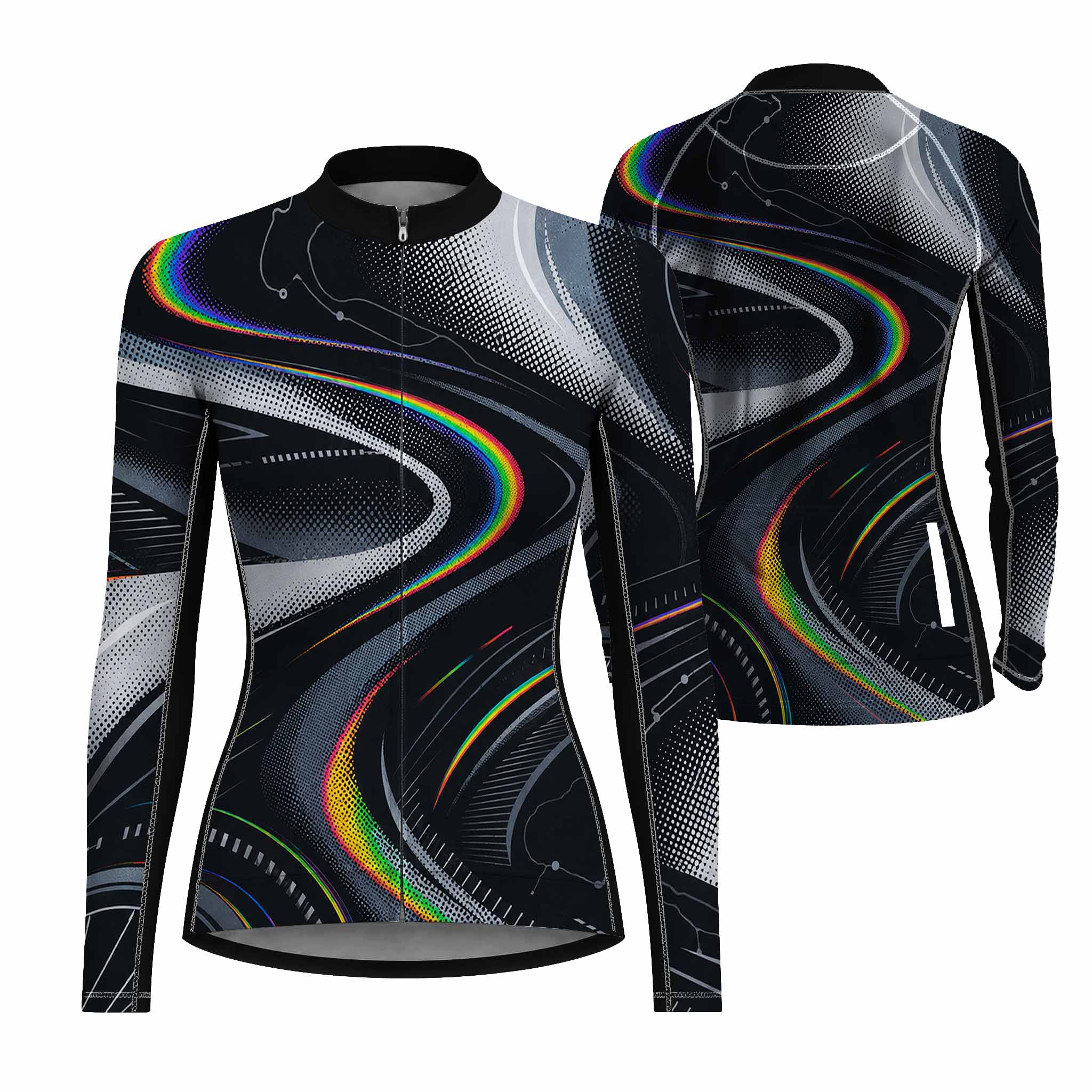 Dual front and back flat layout of ladies long sleeve black rainbow swirl geometric tech full zip racing bike jersey isolated white background
