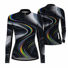 Dual front and back flat layout of ladies long sleeve black rainbow swirl geometric tech full zip racing bike jersey isolated white background
