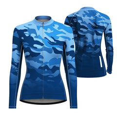 Dual front and back flat layout of ladies long sleeve blue camouflage full zip bike jersey isolated white background
