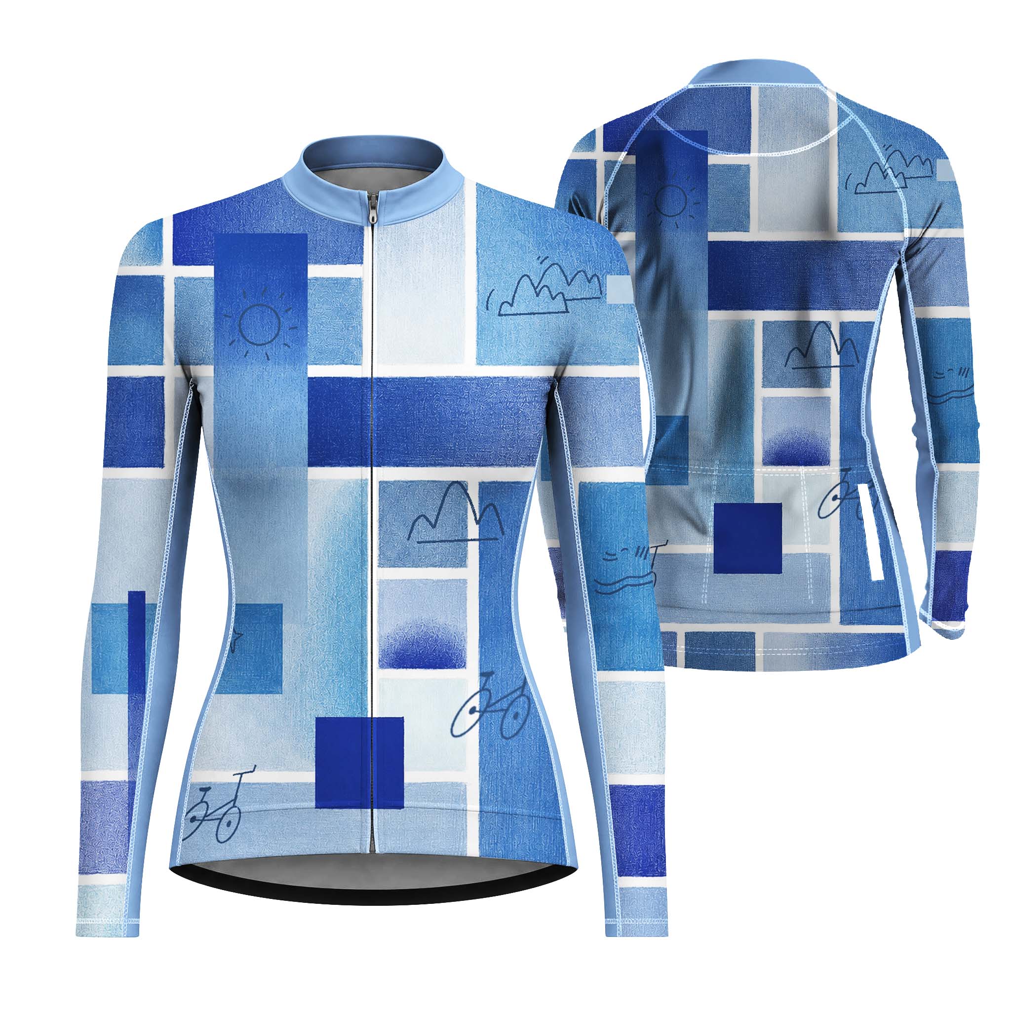 Dual front and back flat layout of ladies long sleeve multi-blue grid line art full zip bike jersey isolated white background
