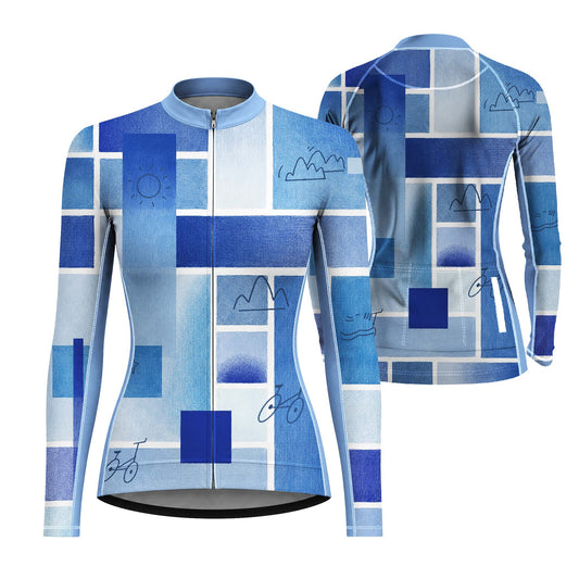 Dual front and back flat layout of ladies long sleeve multi-blue grid line art full zip bike jersey isolated white background
